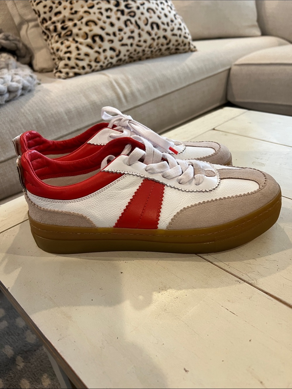 Boden White and Red Low-Top Sneakers with Gum Sole
